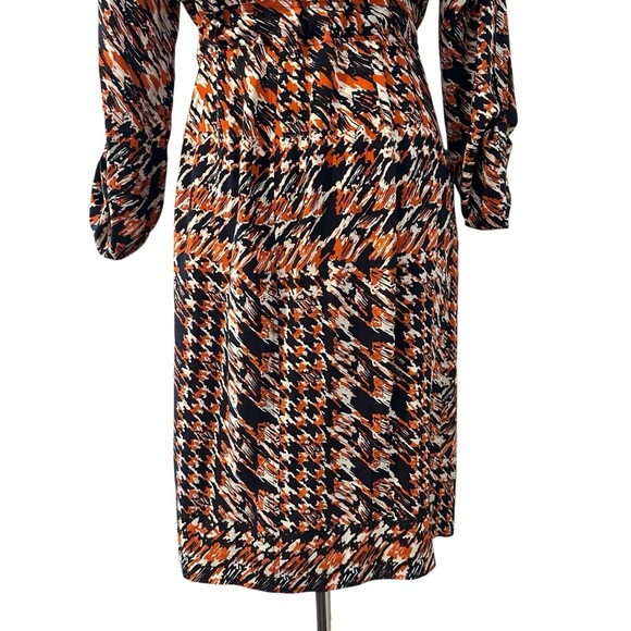 Tyler Boe Elegant Silk Navy Blue and Orange Patterned Long Sleeve Dress - Picture 4 of 16
